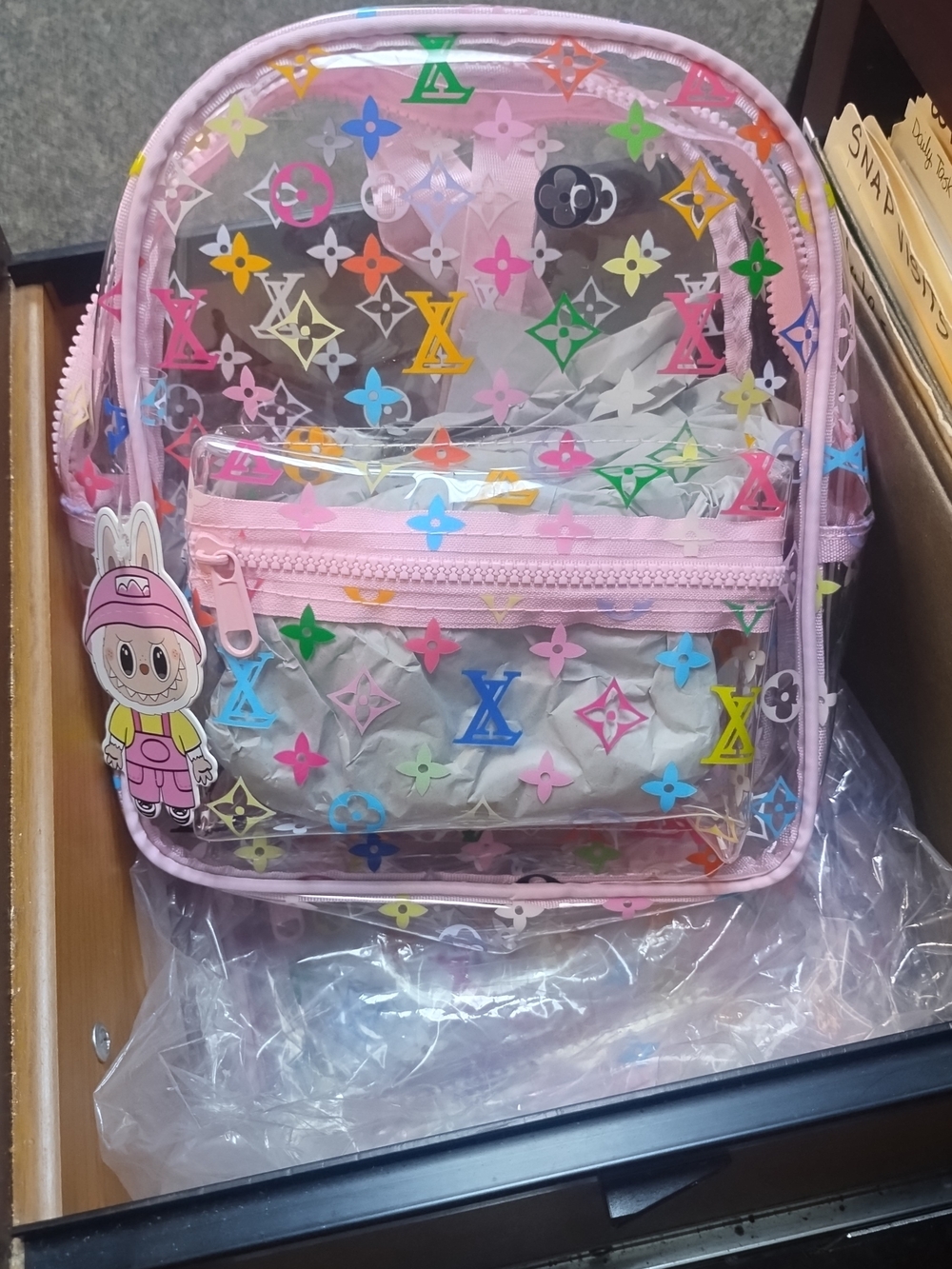 Source Unknown Pink Clear Kids Backpack with Multicolor Logo Print